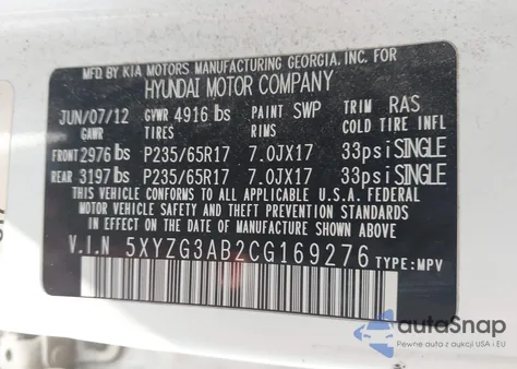 2012 Hyundai Santa Fe Gls z USA, uszkodzony, nr VIN 5XYZG3AB2CG169276